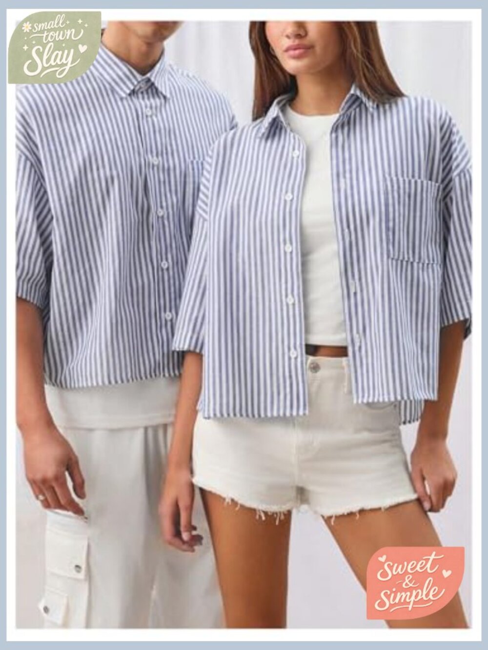 Men's Striped Boxy Cropped Button Down Shirt Short Sleeve Patched Pocket Baggy - Picture 5 of 5